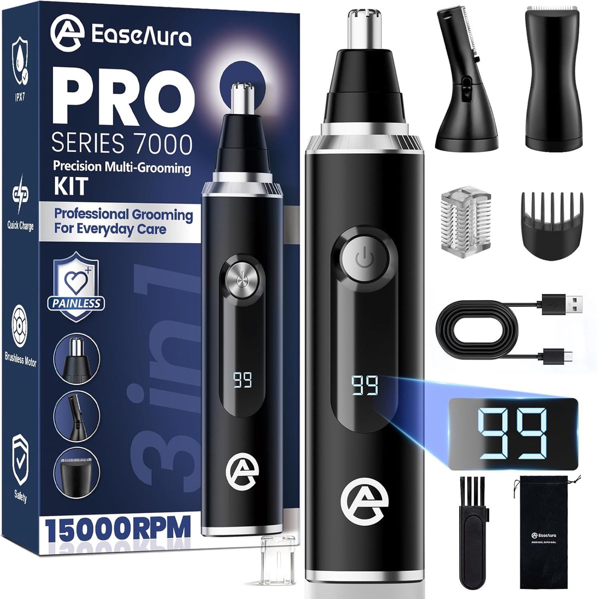 Thijox - Neus- en Oortrimmer 3-in-1 Oplaadbaar Neusscheermes met Wenkbrauw- en Baardkop, LED-scherm, Wasbaar IPX7 voor Mannen & Vrouwen, Perfect voor