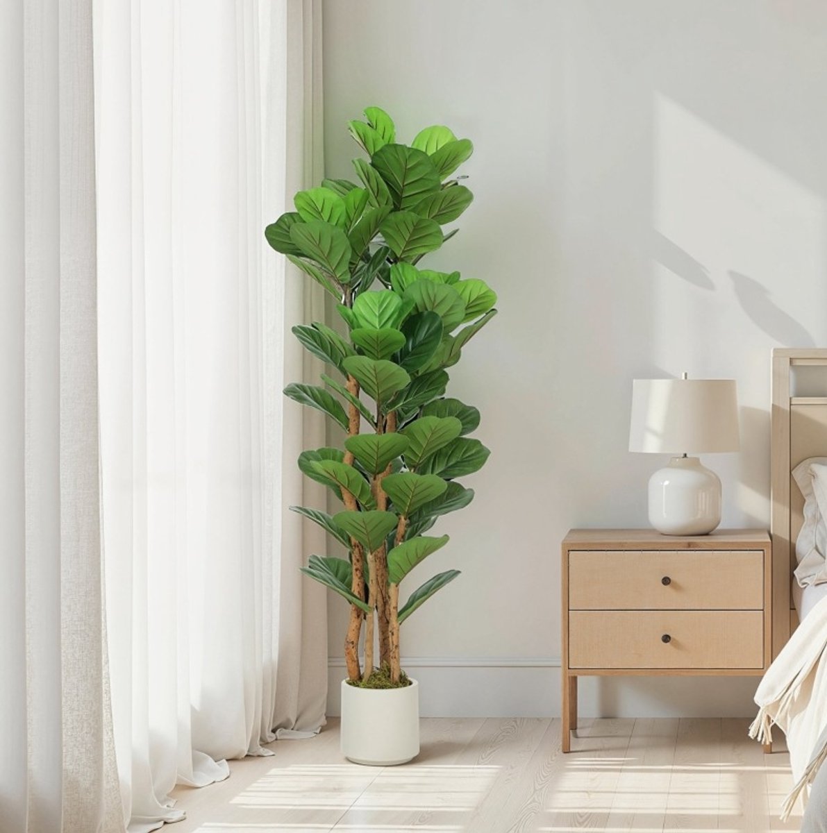 MEUNIQ Kunstmatige vioolbladvijg kunstplant 150 cm met 71 bladeren, houten stam en witte pot, 50 x 50 cm, voor binnen in woonkamer, slaapkamer of hal Groen