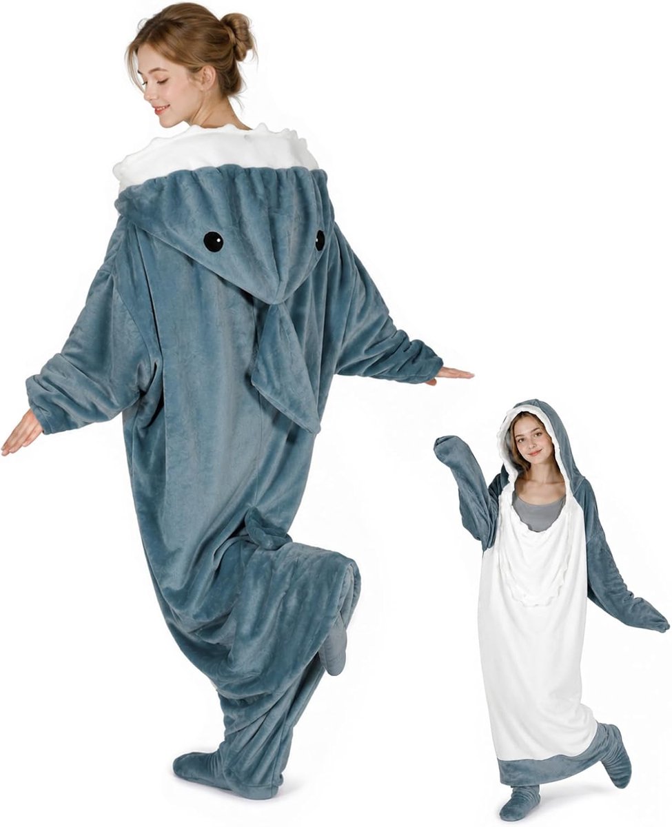 SnelShoppen - Shark Blanket - Haaiendeken met Capuchon, Superzacht Flanel, Draagbare Deken voor Volwassenen en Kinderen, XL, Cozy Hoodie en Slaapzak,
