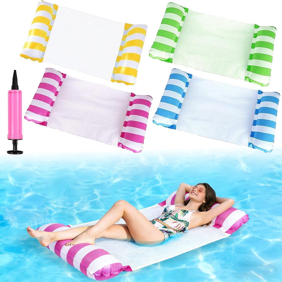 Thijox - Opblaasbare drijvende hangmat 4-in-1, multifunctioneel drijvend bed met net, ideale hangmat voor volwassenen voor strand, zwembad, zee, zomer