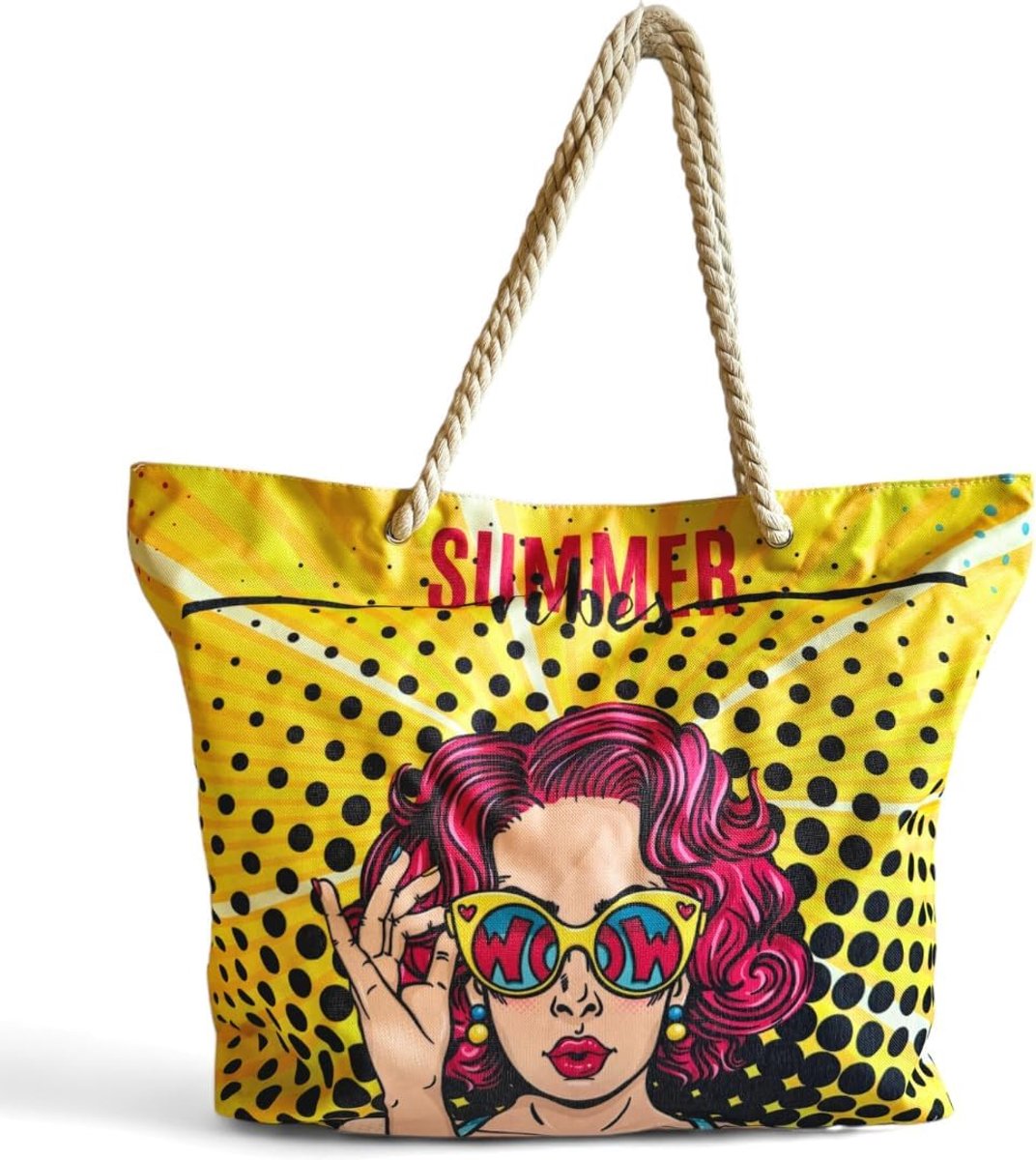 Thijox - Grote Strandtas Vintage Cartoonmotief 55x40x15 cm, Licht Polyester, Ritssluiting, Touwgrepen, Handtas voor Dames, Ideaal voor Strand, Vakanti