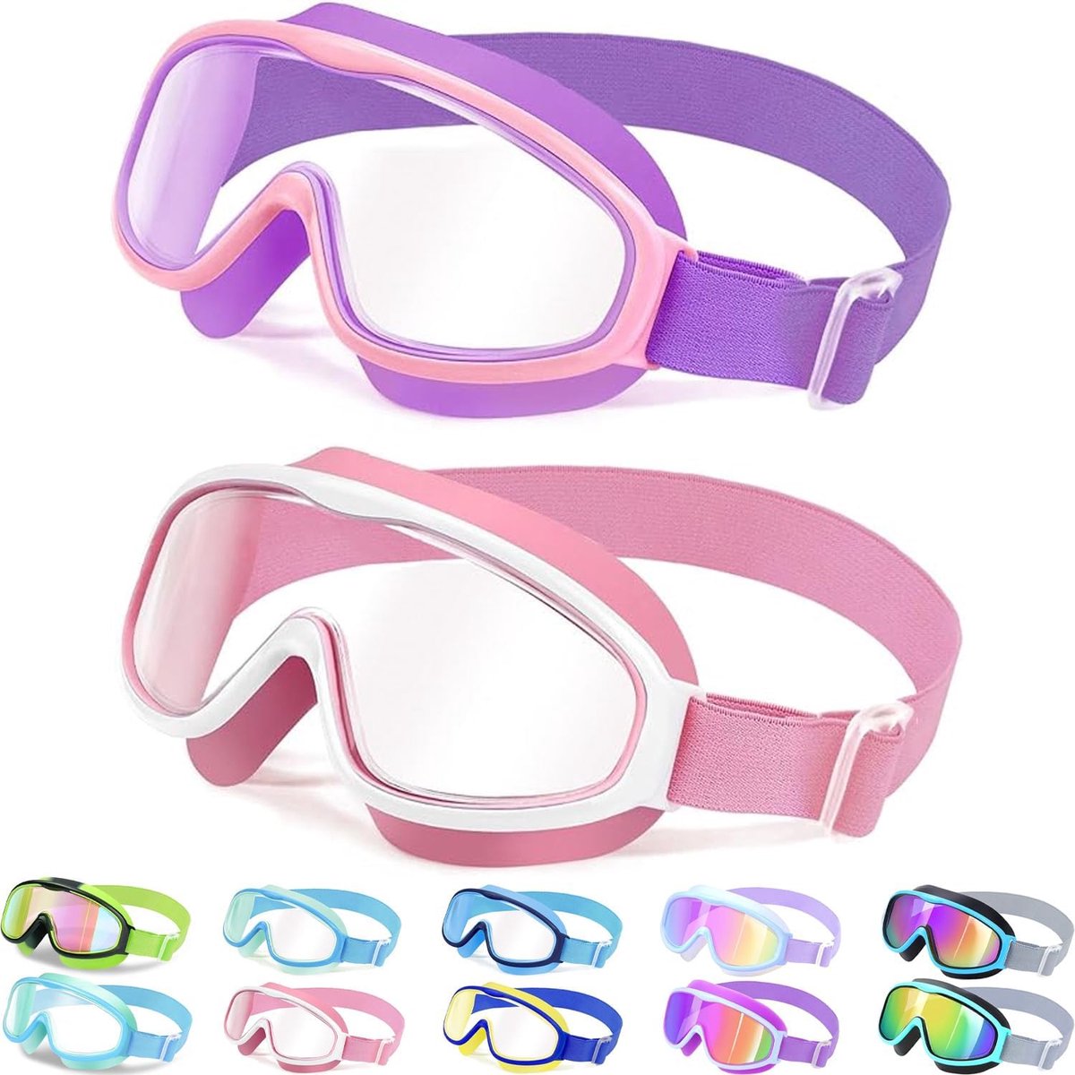 Thijox - Kinderzwembril met comfortabele stoffen band, groothoek, anti-condens en UV-bescherming, waterdichte zwembril voor kinderen van 3-14 jaar