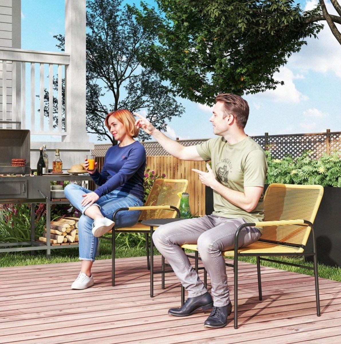 DESMIU Bistroset 3-Delig 54 x 66 x 76 cm - 2 Stoelen Met Ronde Tafel - Voor Balkon En Terras - Staal En PE-Rattan - Geel