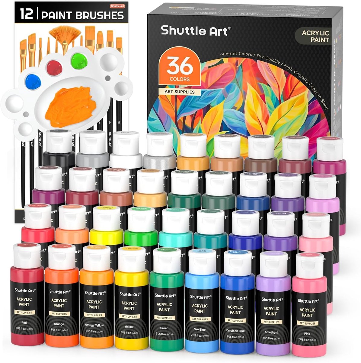 SnelShoppen - 36 Kleuren Acrylverfset (60ml/56g) - Niet Giftige Verf voor Kunstenaars, Beginners & Kinderen - Inclusief 3 Penselen & 1 Palet - Ideaal