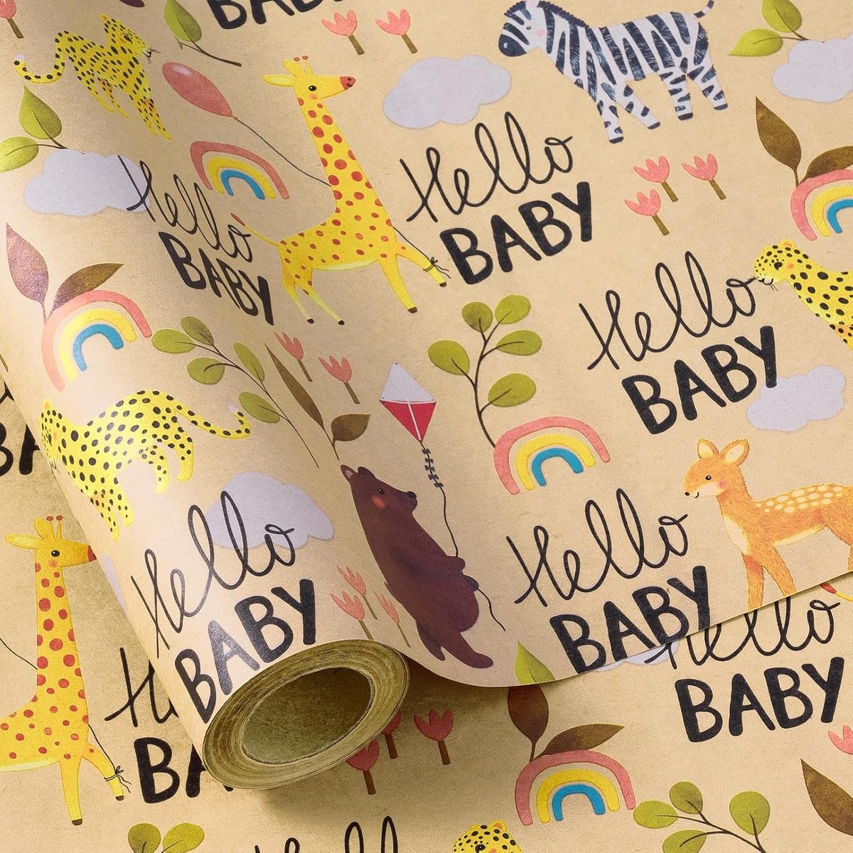 Thijox - Babyshower inpakpapierrol 43,2 cm x 5 m - Schattig dierenontwerp - Kraftpapier - Duurzaam en scheurvast - Ideaal voor babyjongen en neutrale