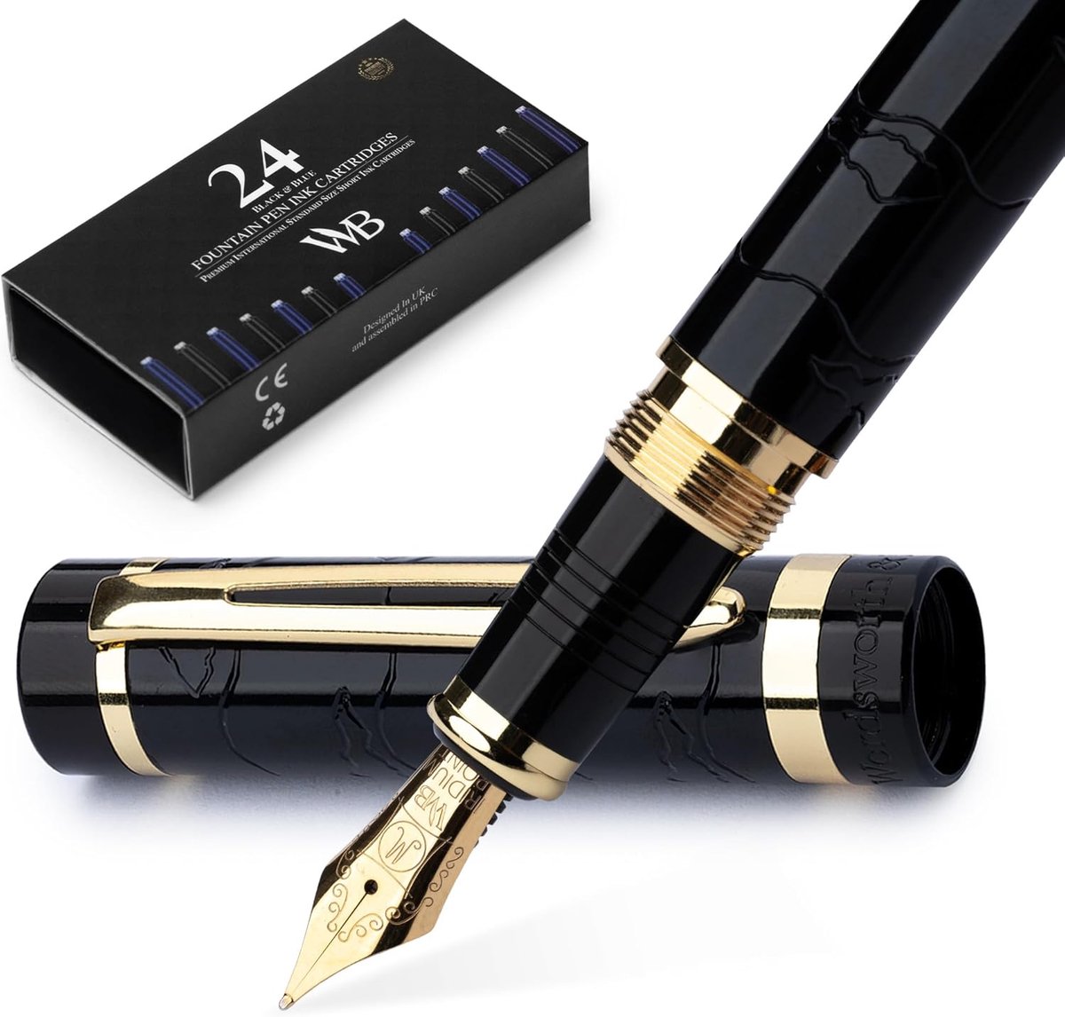 Thijox - Vulpen Set Zwart Goud - Medium Punt, Geschenkdoos met 24 Inktpatronen en Inktvulconverter - Perfect voor Journaling en Kalligrafie
