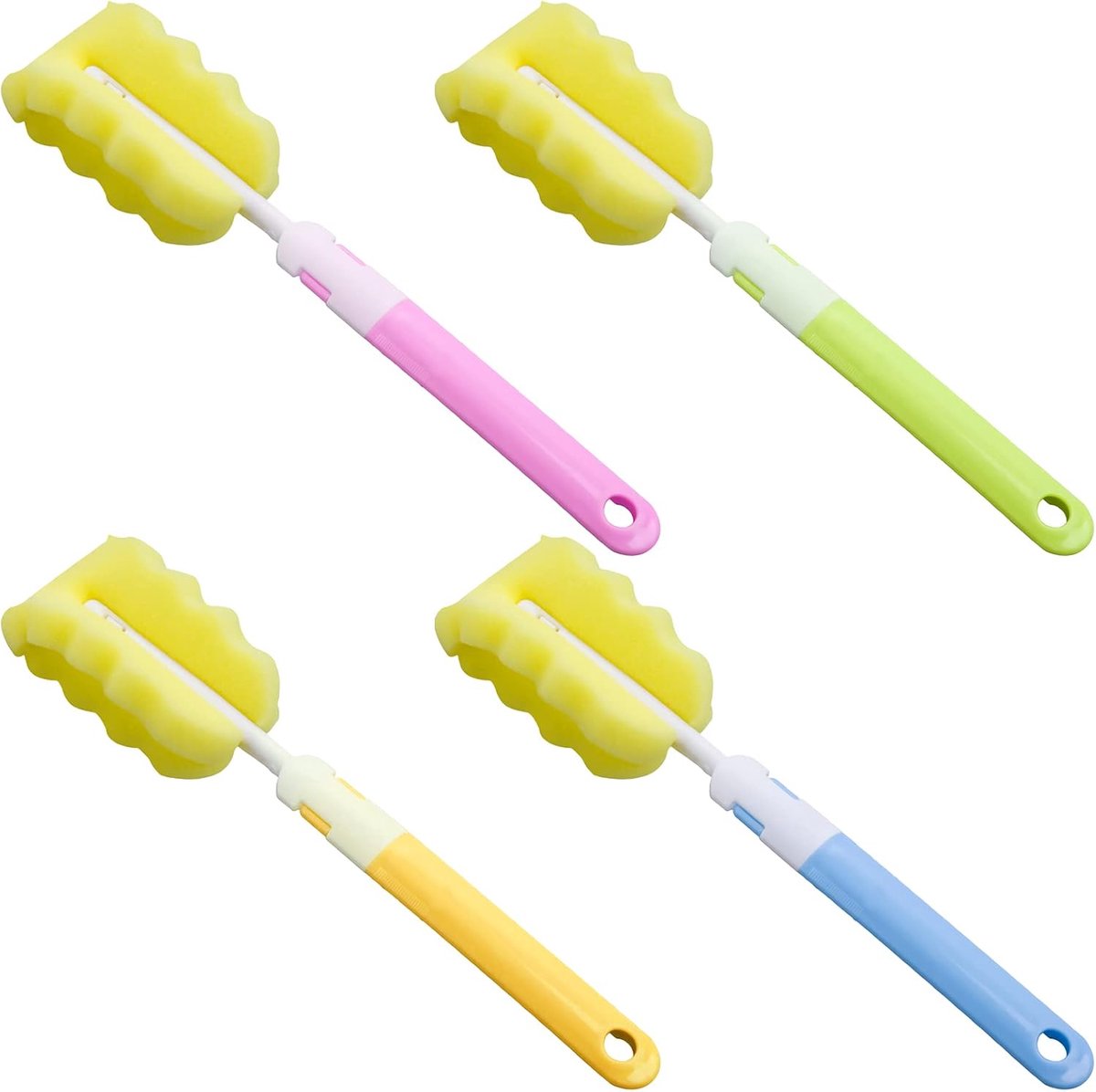 Thijox - 4 Stuks Flessenborstels met Lange Handgreep - Zachte Spons, Afneembaar, Geschikt voor Babyflessen, Kopjes, Ketels, Wijnglazen - Blauw, Groen,