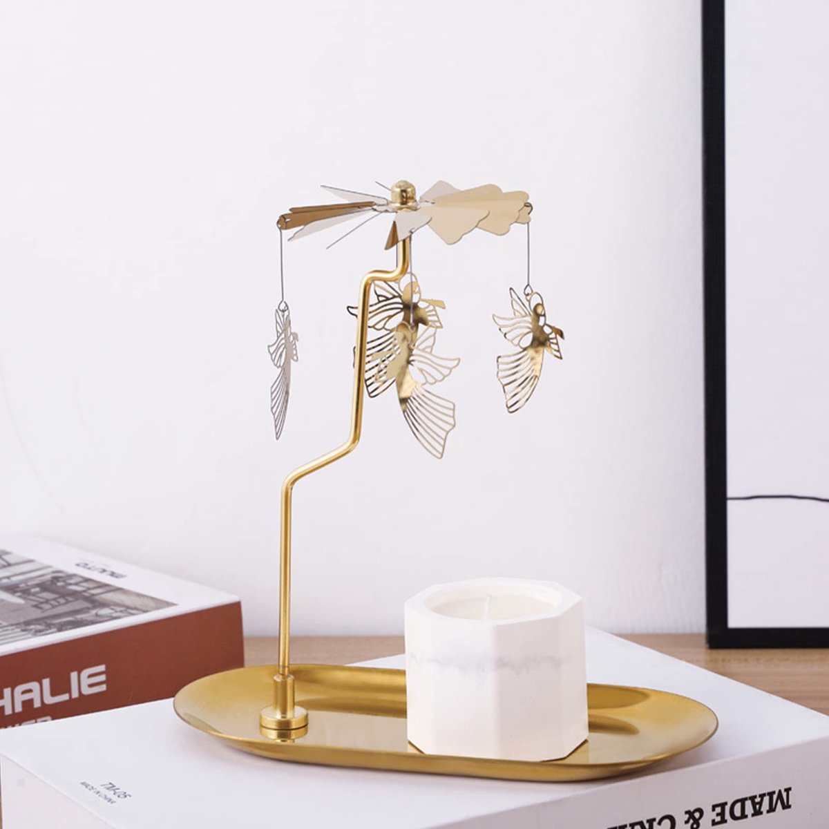 Dailygoods- Kaarsenhouder Gouden Carrousel - Draaibare Kandelaar - Metalen Kaarsenstandaard - Theelichthouder voor Feest - Tafeldecoratie - Groot Dienblad