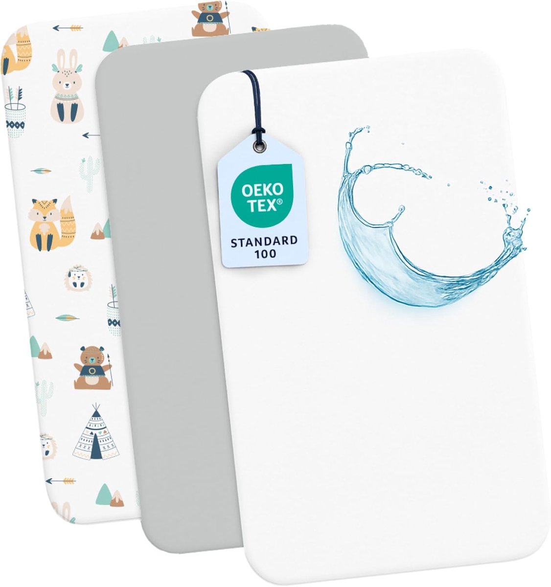 SnelShoppen - Set van 2 Co-sleeping Fitted Sheets + 1 Waterproof Matrasbeschermer voor Kinderen - 50x83cm - 100% Katoen - Fox Patroon - Ideaal voor Ba