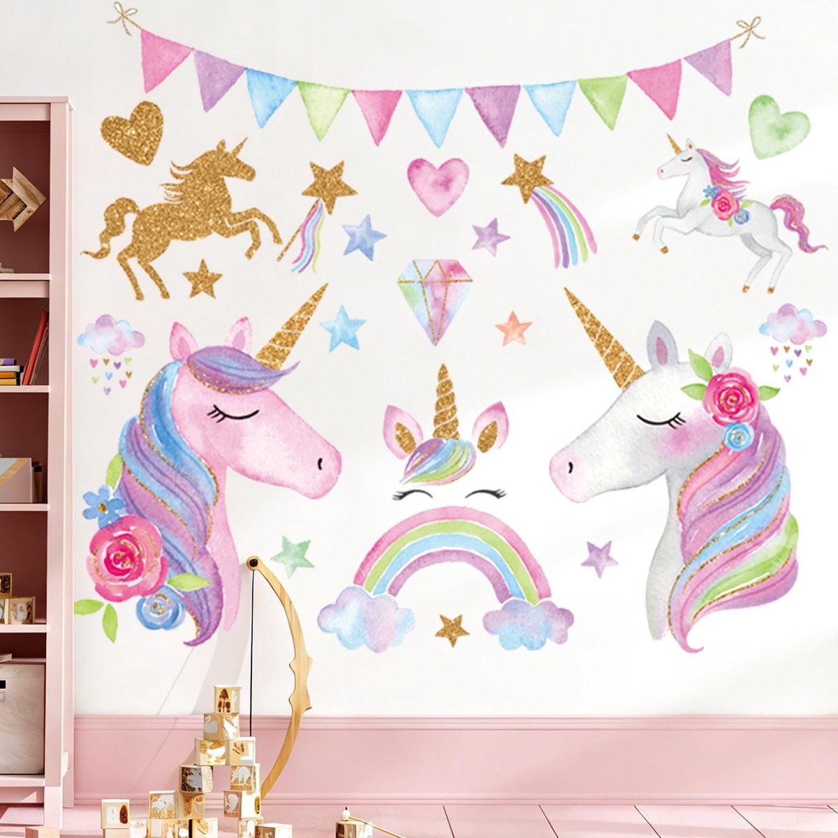 Dailygoods- Muursticker Eenhoorn - Grote Regenboog - Muurstickers Wolken - Muurstickers Bloemen - Decoratie Slaapkamer - PVC Waterdicht 90 CM x 30 CM - Wanddecoratie