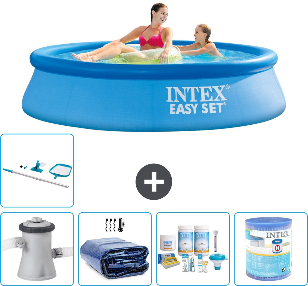 Intex Rond Opblaasbaar Easy Set Zwembad – 244 x 61 cm – Blauw – Inclusief Pomp – Solarzeil – Onderhoudspakket – Filter – Schoonmaakset – 6-delig