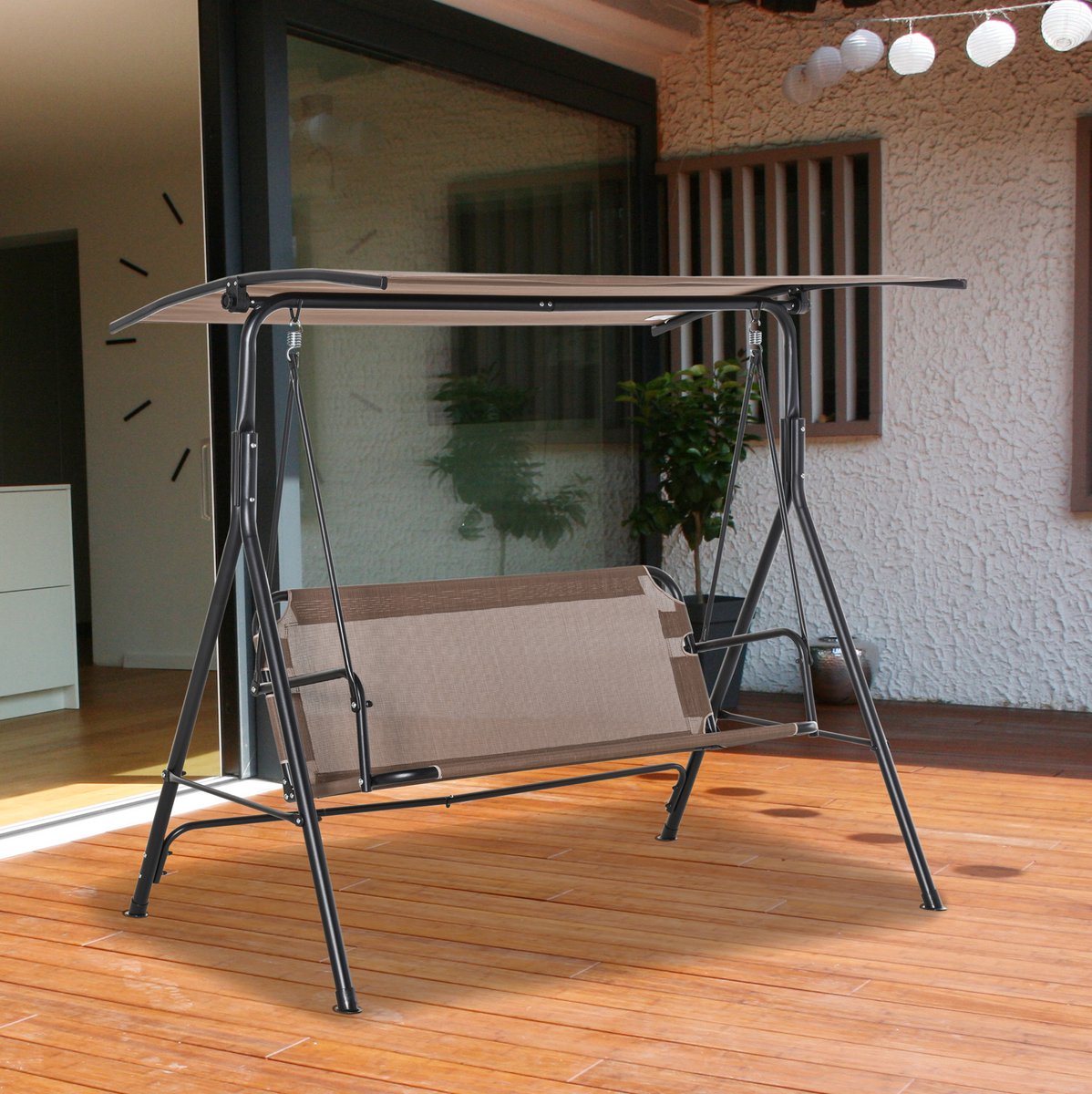 MEUNIQ 2-zits schommelbank 172 x 110 x 155 cm met verstelbare zonneluifel, metalen A-frame en draagvermogen 200 kg, voor tuin en terras, bruin