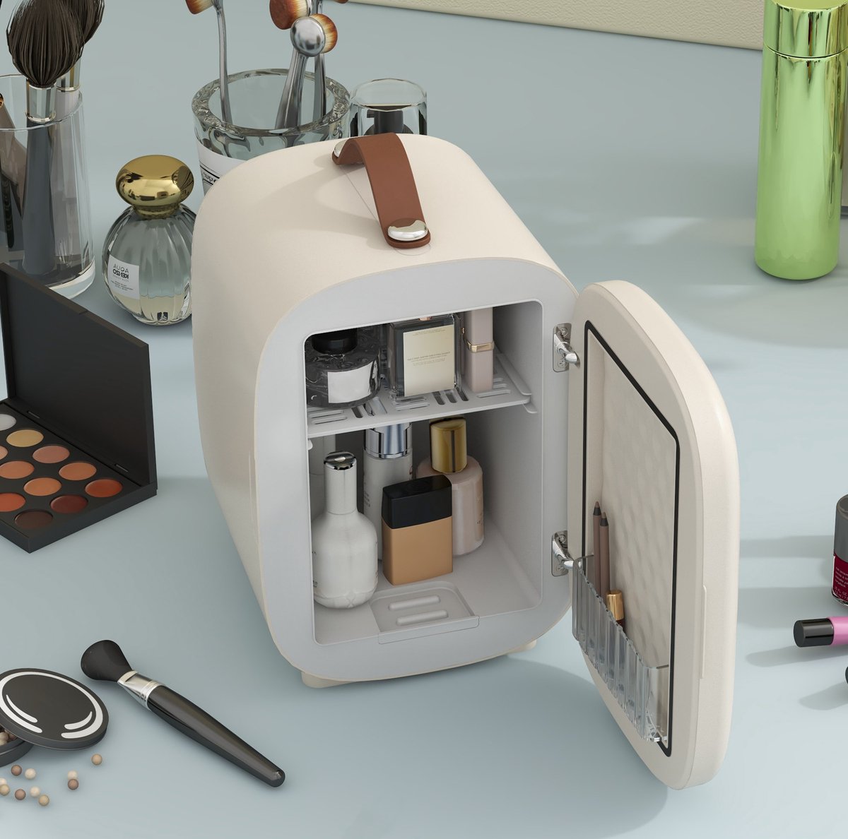 MEUNIQ mini koelkast 4 L cosmetica koelkast met koel- en verwarmingsfunctie, draagbare beauty fridge met handgreep voor cosmetica, drankjes en snacks, crèmewit
