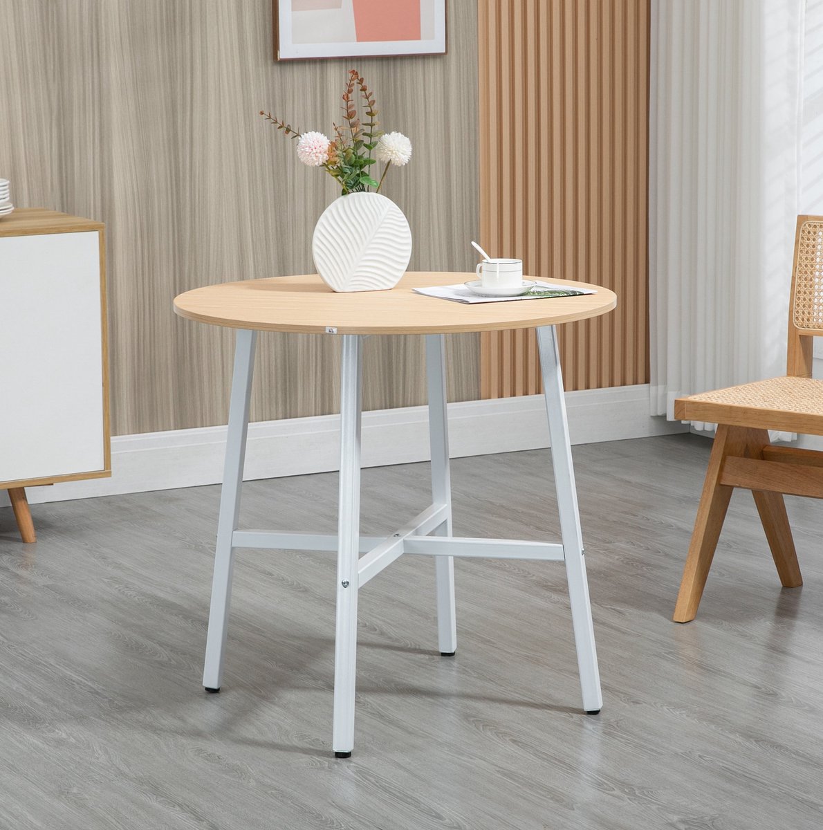 MEUNIQ ronde eettafel 80 x 76 cm voor 4 personen, keukentafel met houtlook tafelblad en wit metalen frame, modern voor eetkamer en keuken Naturel hout