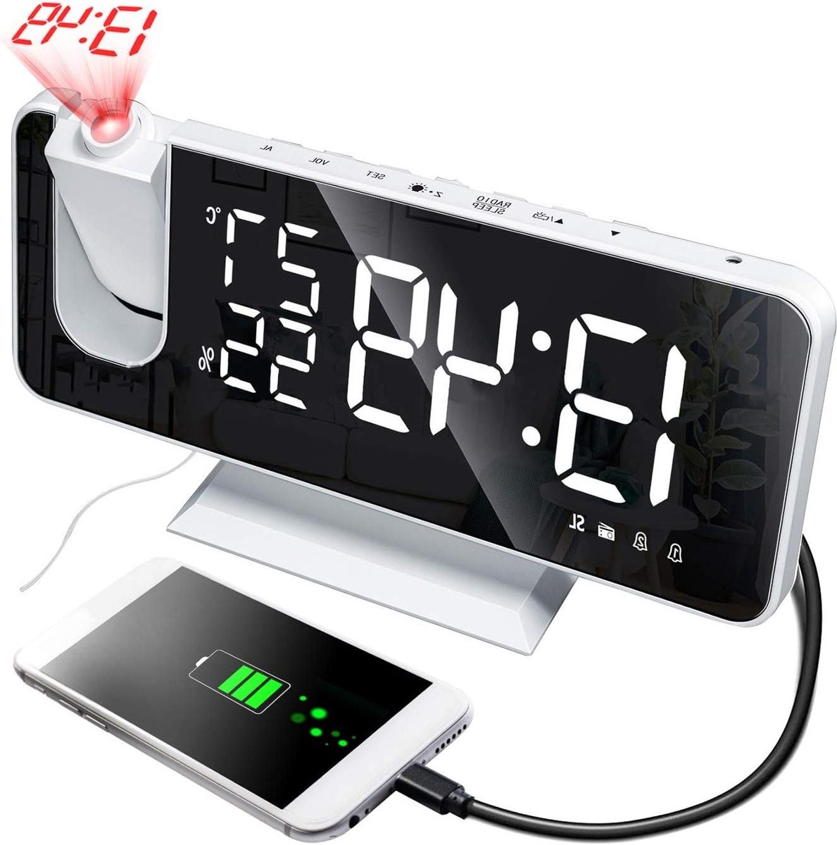 Digitale Projectieklok - Wekker Temperatuurmeter - Nachtkastje Bureau - 4-in-1 Functie - 18.3 cm - Wit