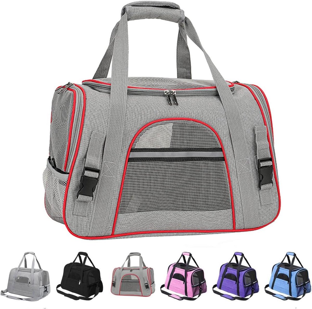 Huisdier transportbox - Draagtas Kat Hond - Veilig Reizen - Goede Ventilatie - 43x28x25 cm - Grijsrood
