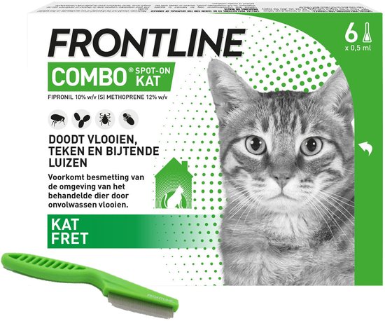 Verpakking van Frontline Combo Kat met 6 pipetten, een vlooienkam en een afbeelding van een kat.