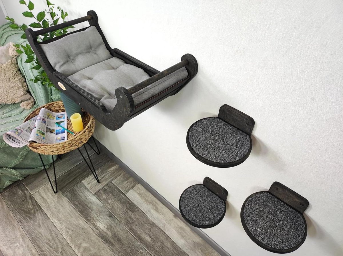 Kattenmeubel Set - Kattenhuisje en Steps - Spelen Klimmen Rusten - Anti-slip Trede - 60.5 x 28 cm - Donker