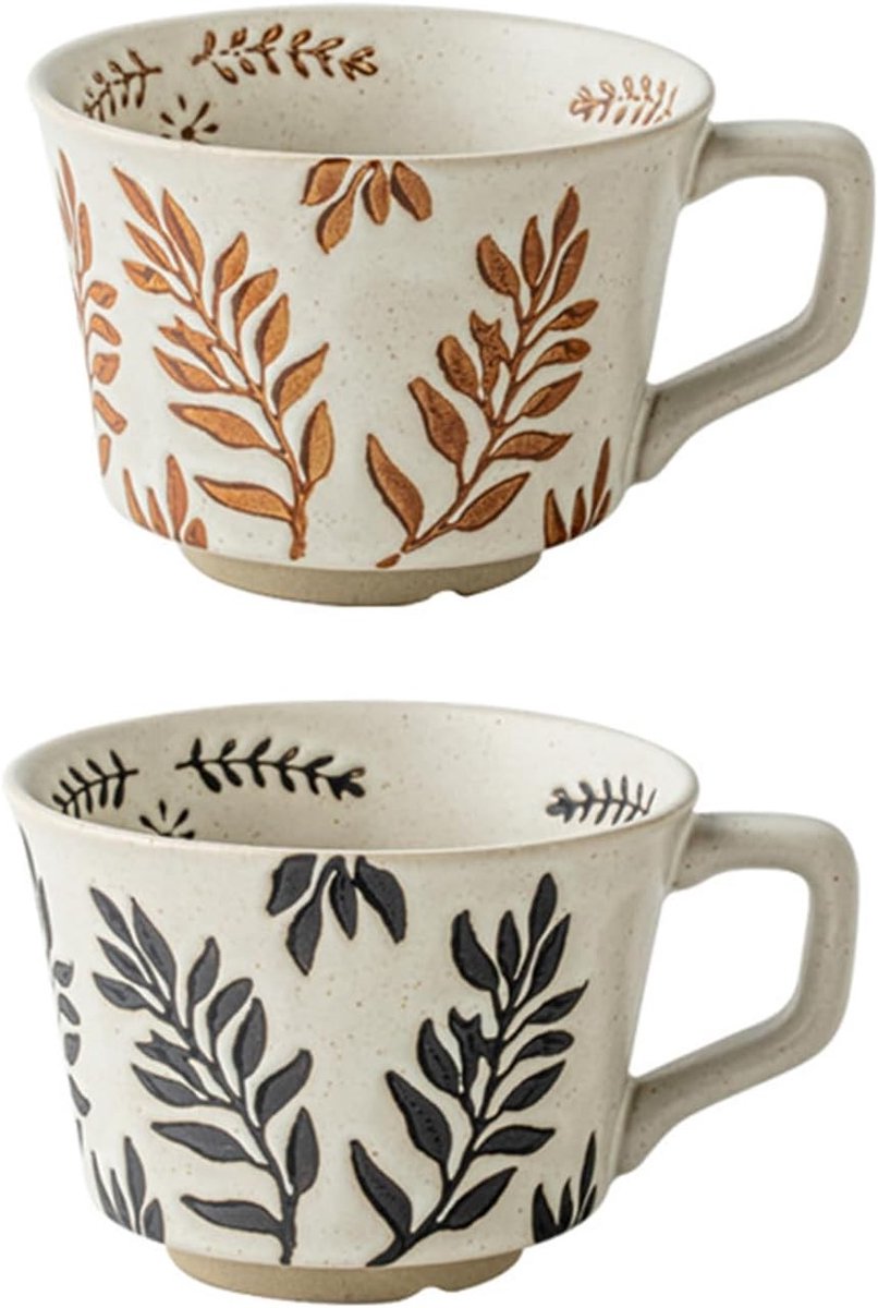 Retro Koffiemokken Set van 2, Handgemaakte Keramische Koffiekopjes 325ml met Handvat, Perfect voor Latte, Thee en Cacao, Vaatwasser- en Magnetronbestendig