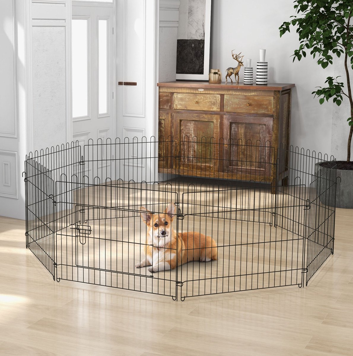 MEUNIQ Puppyren van staal 180 x 180 x 61 cm met deur en grendel, flexibele metalen hondenren met 71 x 61 cm panelen en 8 grondankers voor binnen en buiten