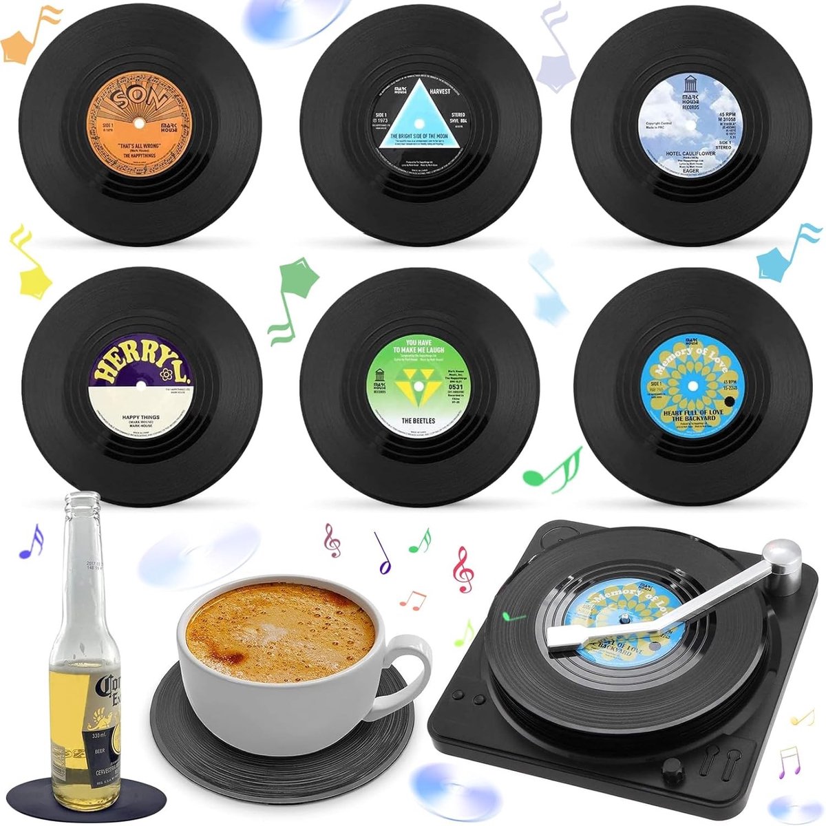 Set van 6 Siliconen Onderzetters, Retro Vinyl Ontwerp met Houder, Perfect voor Koffie, Thee en Drankjes in Huis en Bar