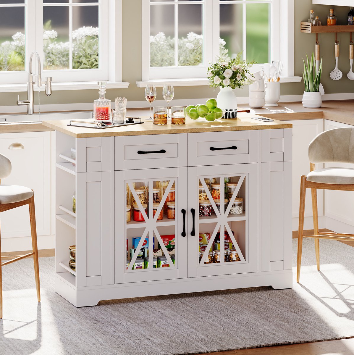 DESMIU Eettafel - Opklapbare Keuken Eilandtafel Met Stopcontacten En Opbergruimte - Voor Keuken En Eethoek - MDF - 120x65x92 cm - Wit Naturel