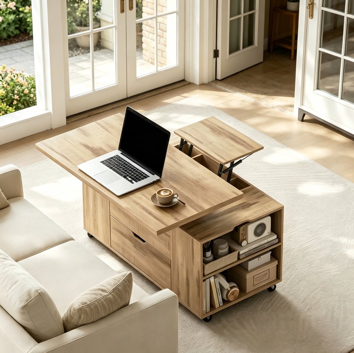 MIVRAY Salontafel - Verrijdbare Lift Top Met Lade En Opbergruimte - Voor Woonkamer Of Werkkamer - Hout En Metaal - 100x50,5x53-66,7 Cm - Licht Eiken