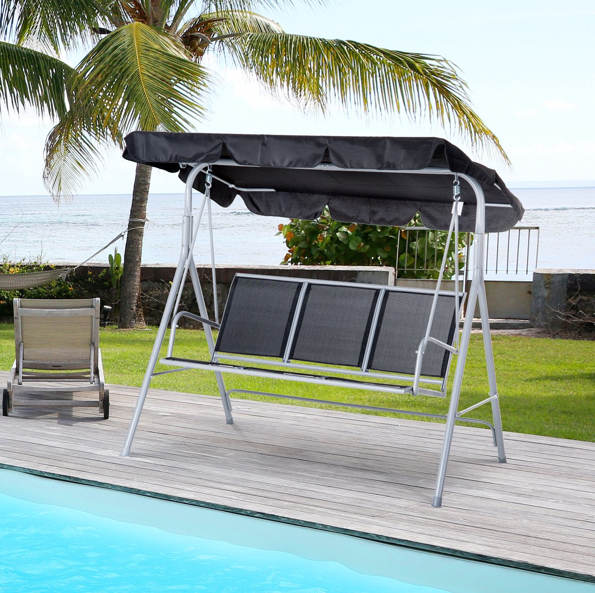 MEUNIQ 3-zits Hollywoodschommel 171 x 108 x 154 cm met verstelbaar en afneembaar dak, metalen frame, ademende zitting en rugleuning voor tuin of terras, grijs