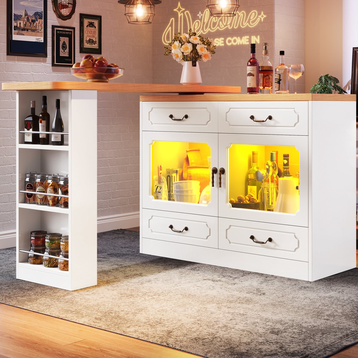 DESMIU Bartafel - Uitschuifbaar En 360 Graden Draaibaar Met Led En Opbergruimte - Voor Woonkamer En Eethoek - MDF - 135-203x39x92,8 Cm - Wit