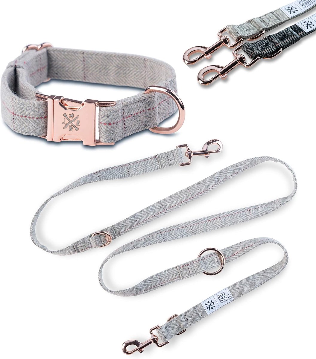 Thijox - Elegant Tweed Hondenriem Set 2,0m + Halsband met Roségouden Karabijnhaak - Meervoudig Verstelbaar voor L/XL Honden - Grijs Gemêleerd - Ideaal