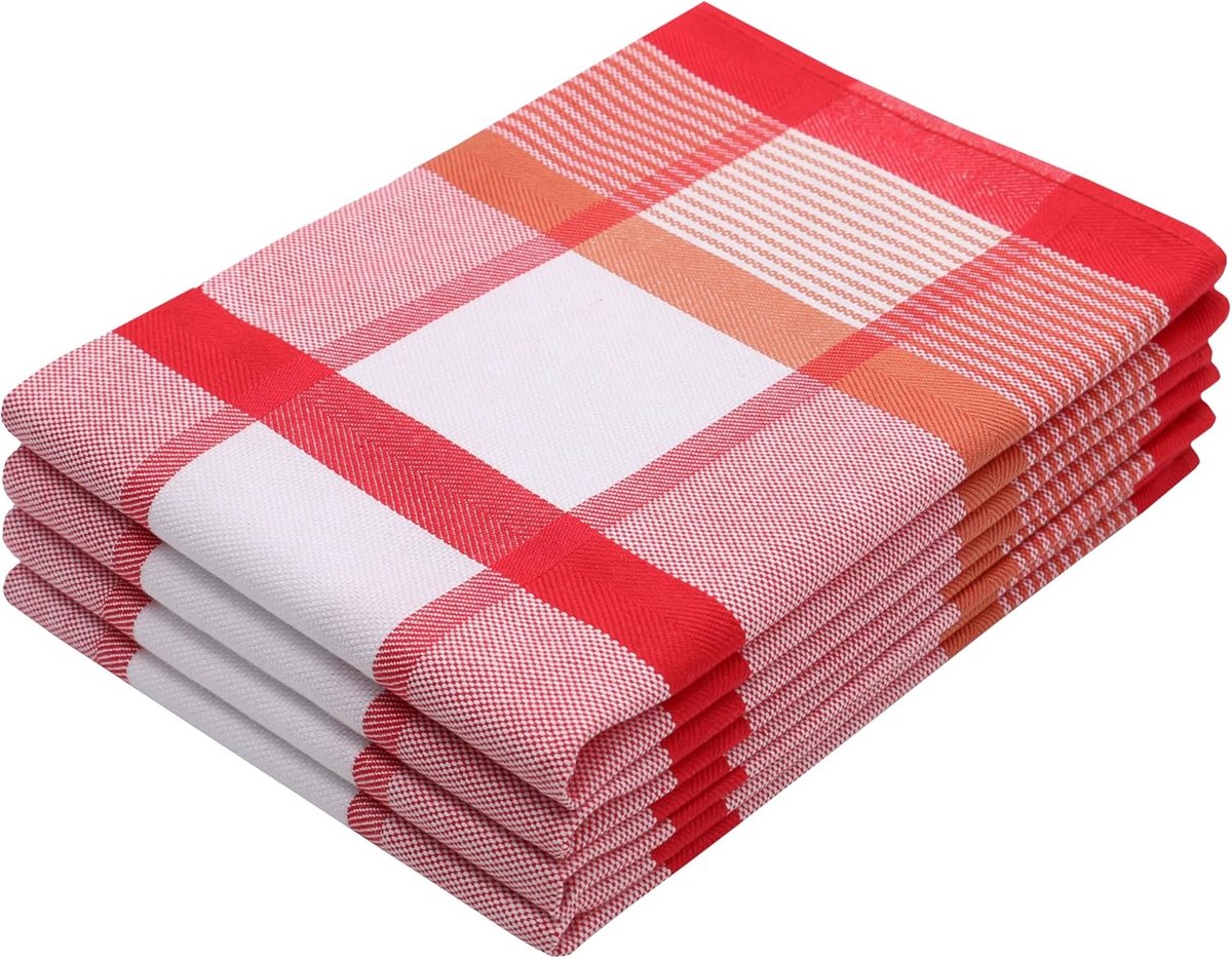 Thijox - Set van 4 theedoeken katoen, 50x70 cm, rood - Absorberende keukendoeken voor dagelijks gebruik, decoratief en functioneel - Perfect voor koke