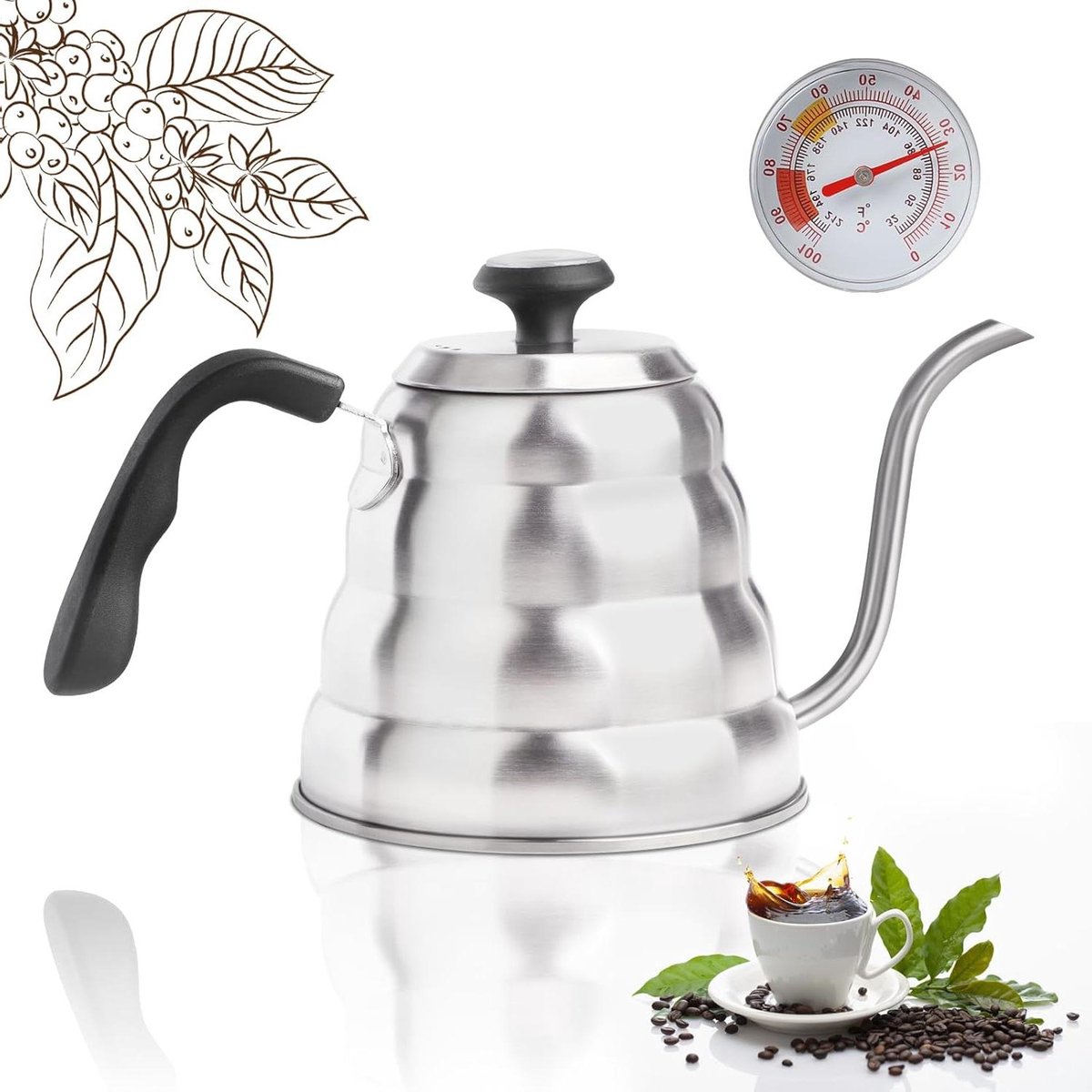 Zwanenhals Waterkoker - Koffieketel Theeketel - Perfecte Koffie Thee - Ingebouwde Thermometer - 12 Liter - Zilver