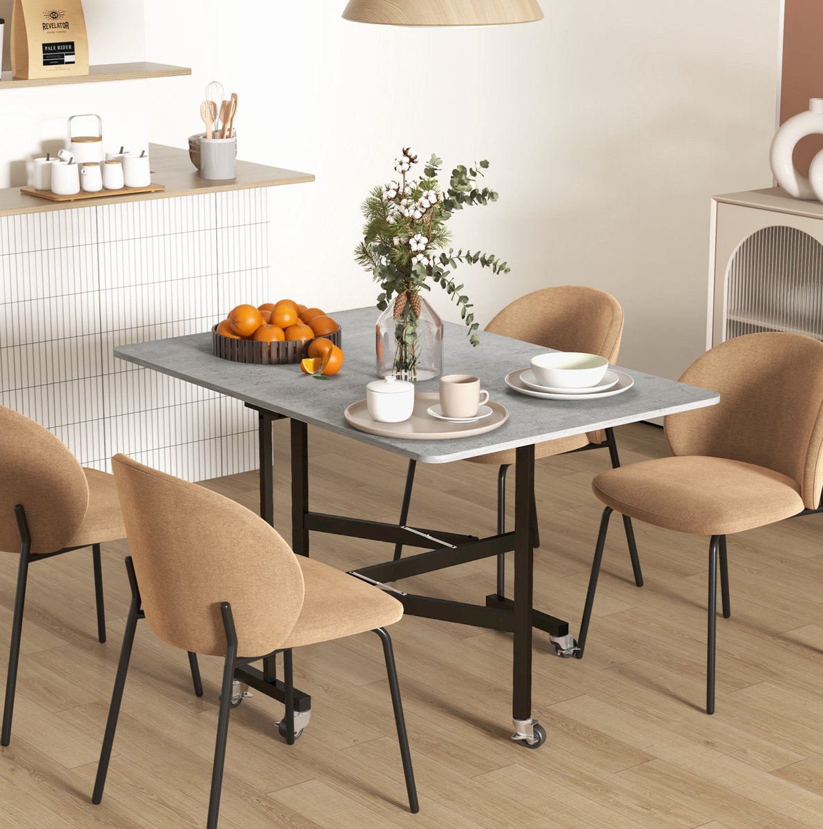 MEUNIQ klapbare eettafel 120 x 80 x 73 cm met wielen en stalen onderstel, uitschuifbare tafel voor 4-6 personen, keuken en eetkamer, grijs