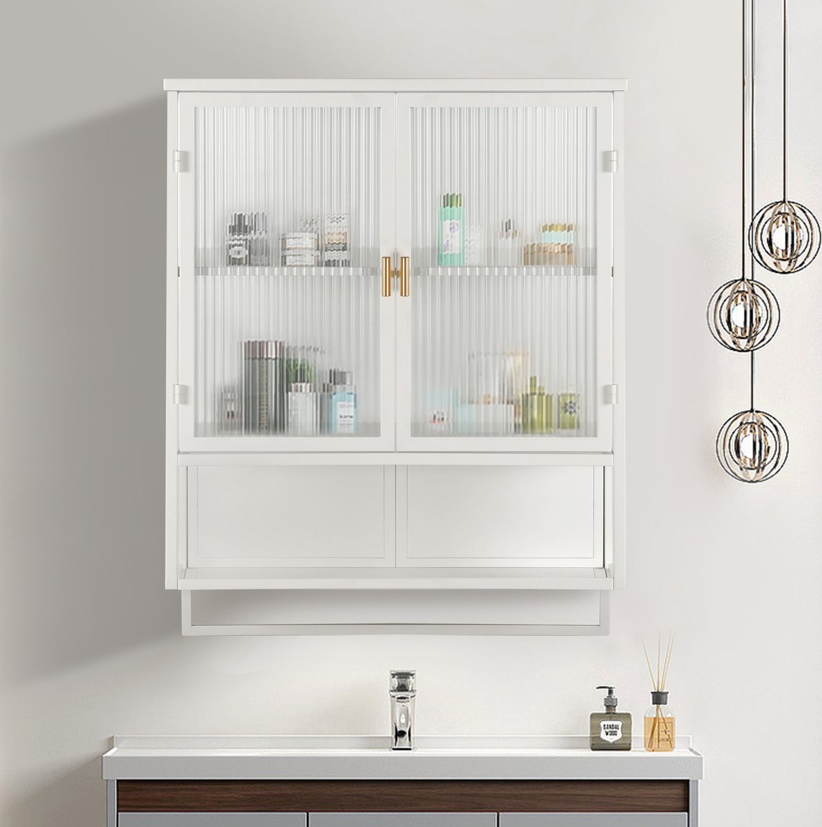 DESMIU Wandkast - Moderne Opbergkast Met Glasdeuren - Wandmontage Voor Woonkamer Badkamer En Hal - Glas En Metaal - 60x23x78 Cm - Wit