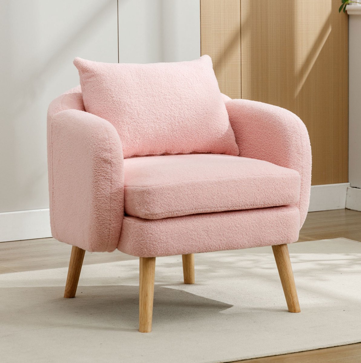 HAUSS SPOLE Fauteuil - Teddy Fluwelen Designfauteuil - Met Kussen En Armleuningen - Voor Woonkamer En Leeshoek - Hout - Roze