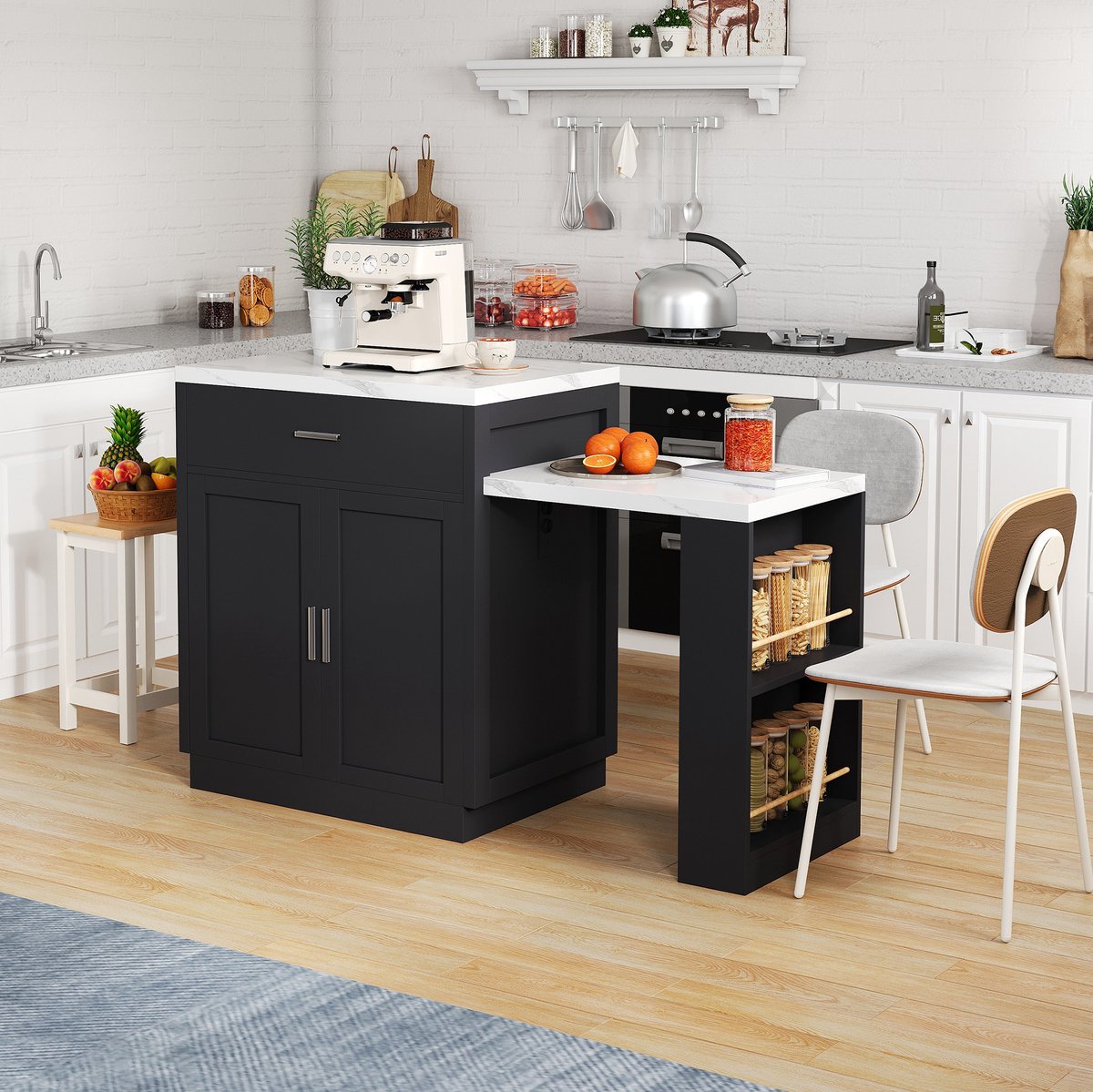 DESMIU Keukeneiland - Uitschuifbare Eettafel Met Stopcontact En USB - 2 Lades En Open Opbergruimte Voor Keuken - MDF - 211x55x89,5 Cm - Zwart