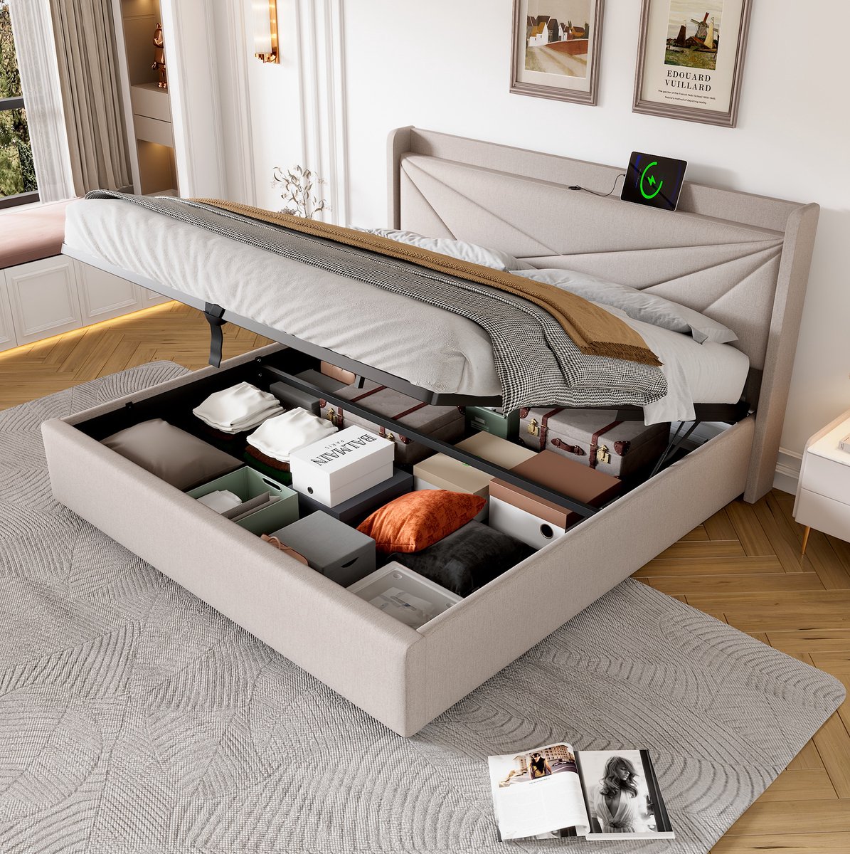 FloraGrace Bed 180x200 cm - Tweepersoons Bed Met Oplaadfunctie In Hoofdbord - Met Opbergruimte En Lattenbodem - Zonder Matras - Stoffering - Beige