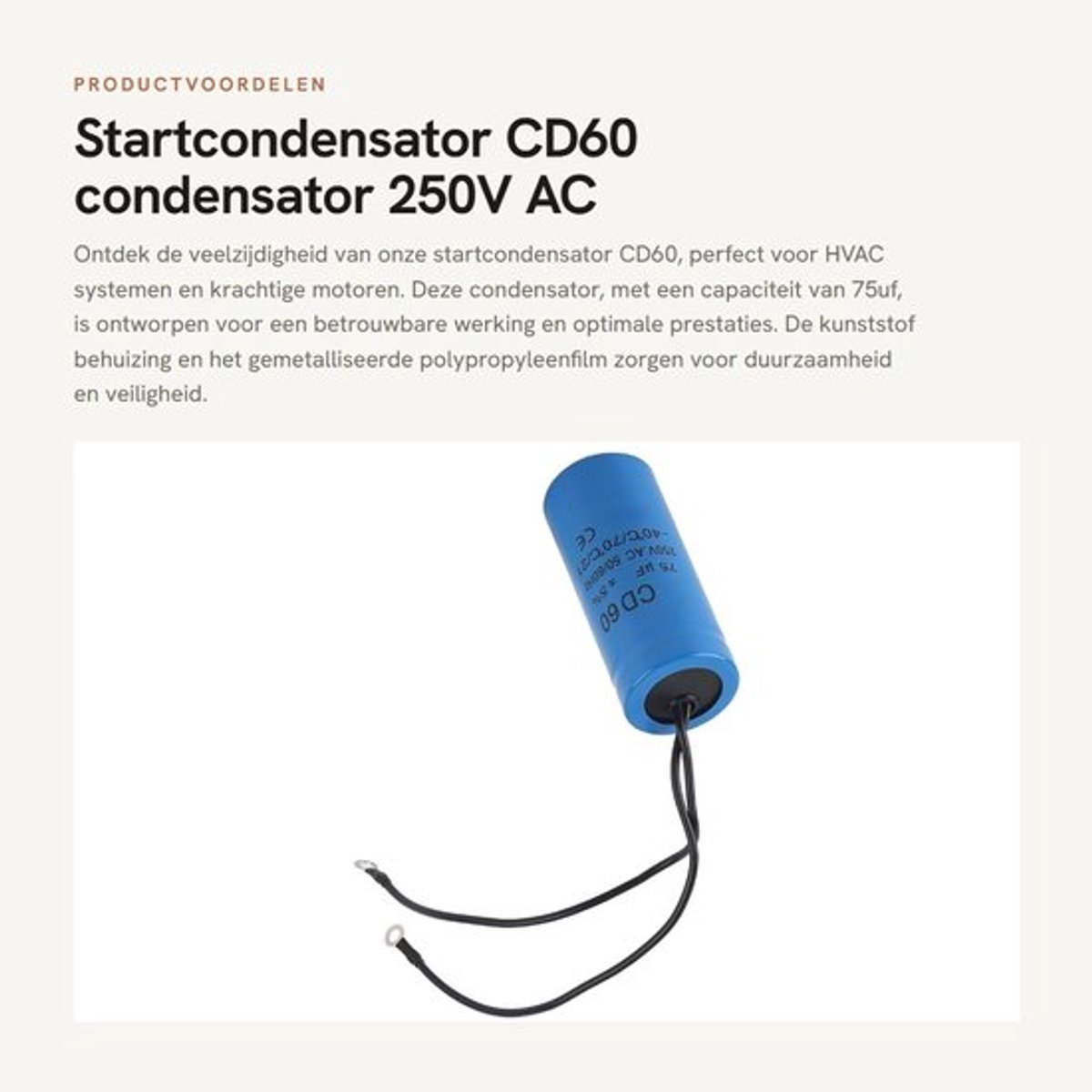 Startcondensator CD60 250V AC - Capaciteit 75uf - Kunststof Behuizing - Explosieveilig - Duurzaam - Zelfherstellend - Motorcondensator