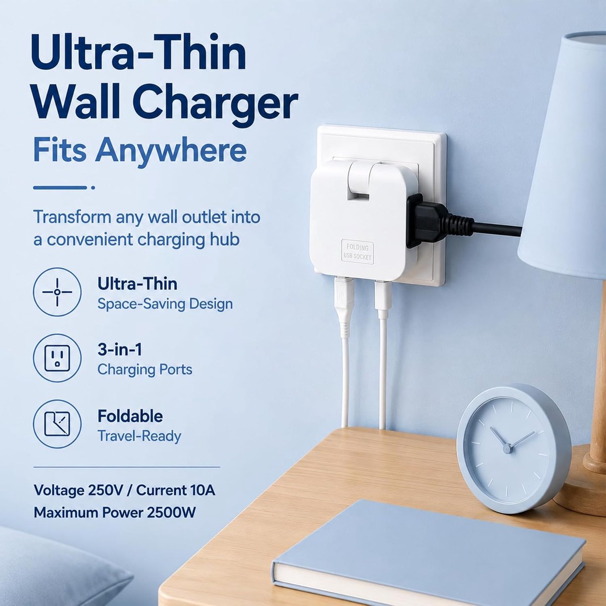 SnelShoppen - Platte stekkerdoos met 2 USB-poorten, 4-in-1 stekkeradapter, 2 stopcontacten 220 V, 180° draaibare kop, voor tv, bed, bank, compact en r