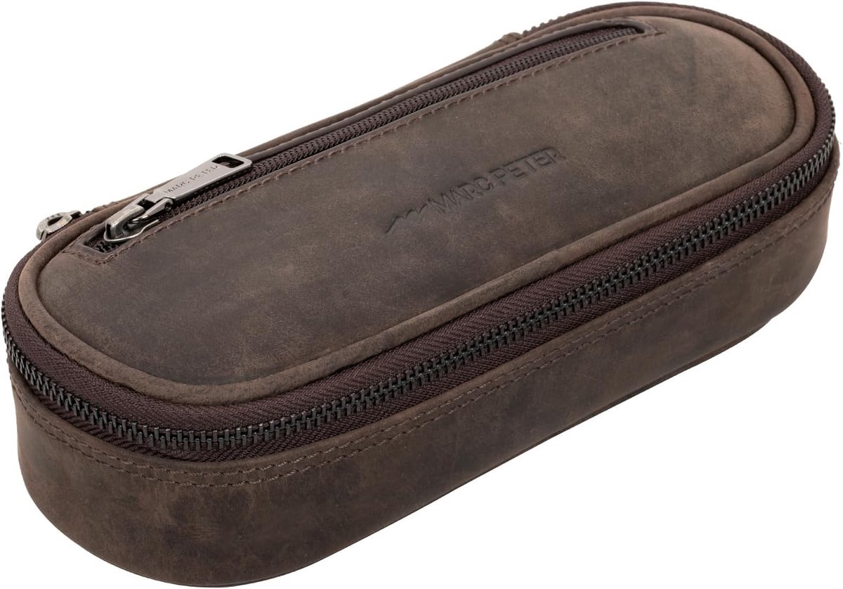 SnelShoppen - Vintage Leren Pennenhouder met YKK Rits voor Jongens en Meisjes, Charcoal, Duurzame Pennenetui voor School en Werk