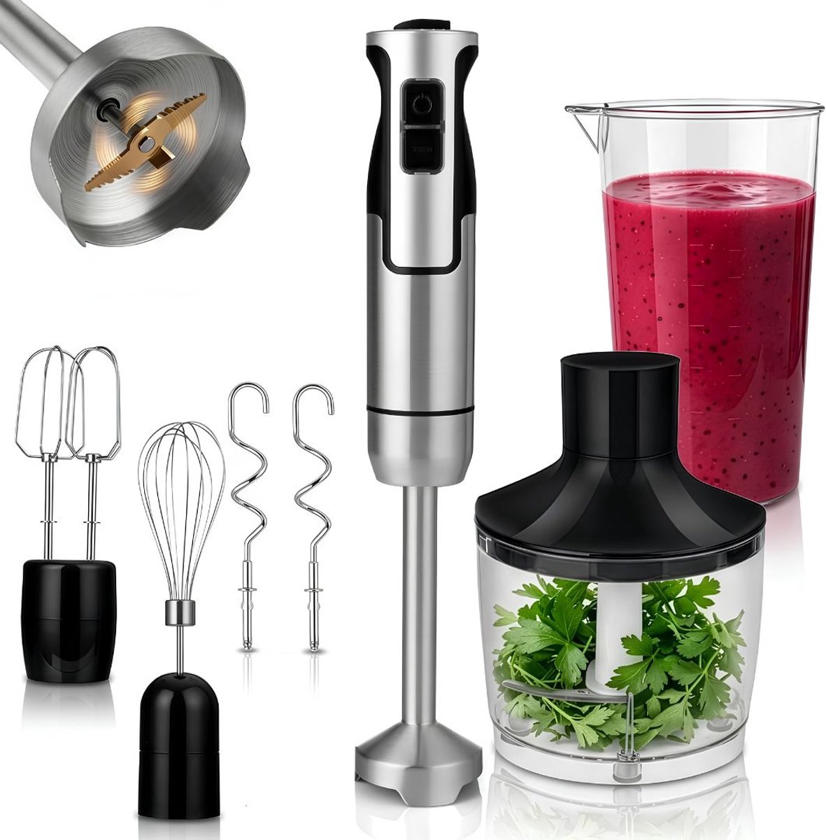 JCP® Staafmixer Set - Staafmixer - Met Hakmolenopstelling - Zilver - 24cm x 18cm x 19cm