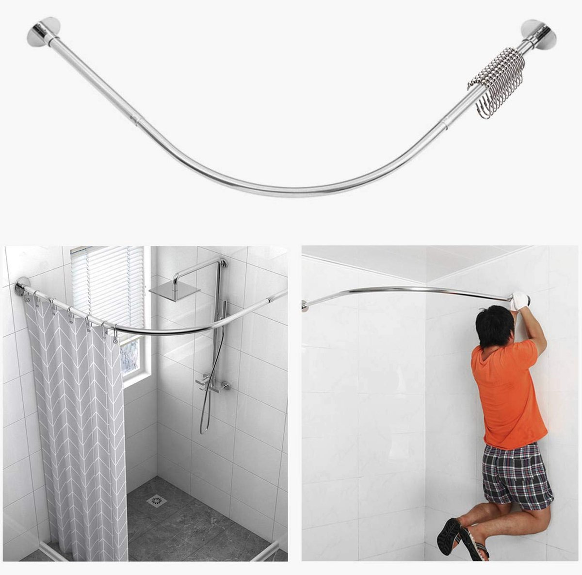 SnelShoppen - Verstelbare L-vormige Douchegordijnstang Roestvrij Staal Boor Vrij Installatie - 90-130 cm x 90-130 cm - Zilver voor Badkamer en Kleding