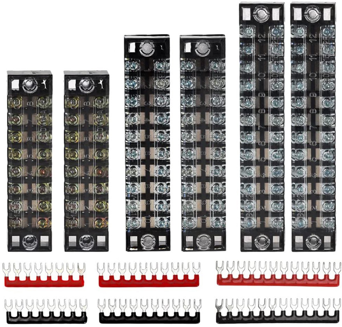SnelShoppen - Terminal Block en Strip Set - 6 Sets 8/10/12 Posities 600V 15A Dubbelrijige Schroefterminalstrip met Deksel + 400V 10A Voorgeïsoleerde V