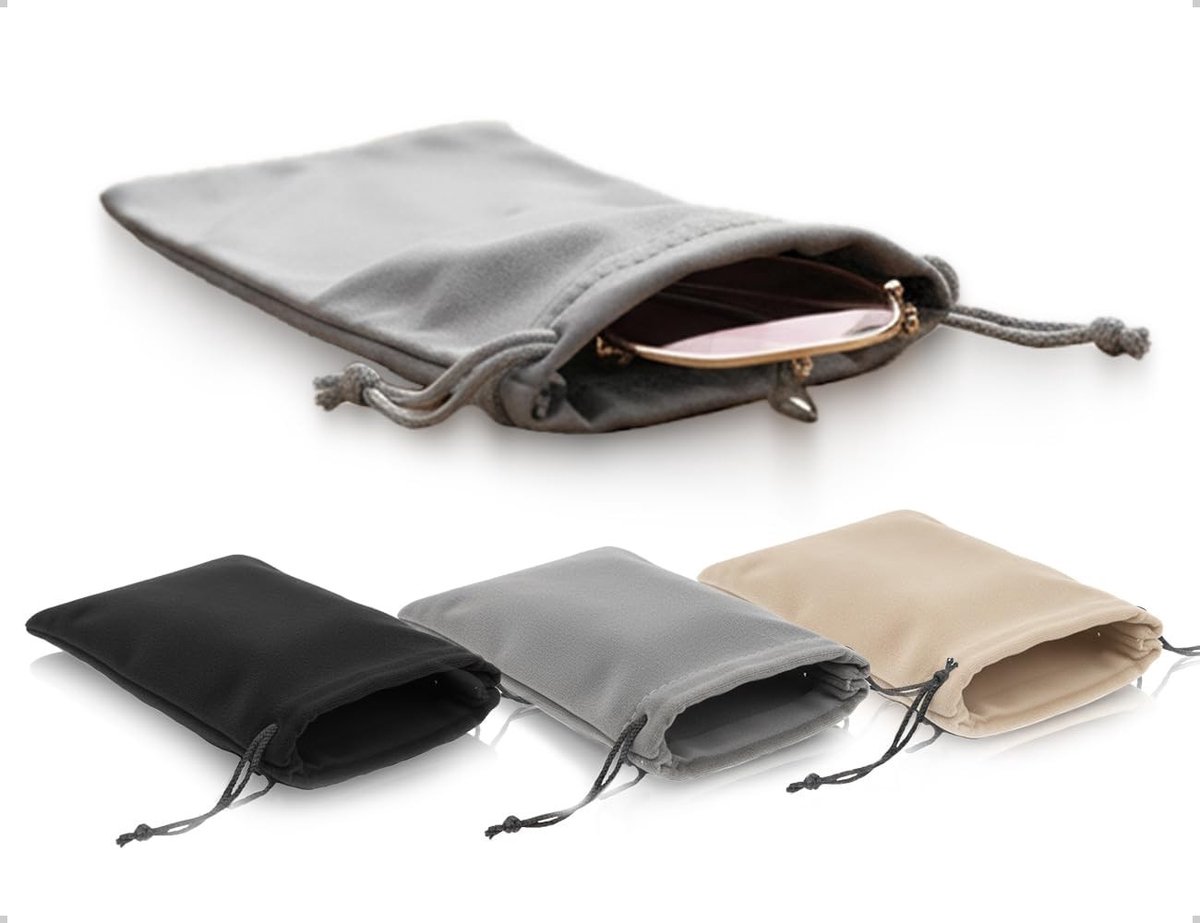 Set van 3 Zachte Brilhoesjes, Stofdicht en Krastbestendig, Beschermende Etui voor Zonnebrillen en Reizen (Zwart, Grijs, Crème Wit)