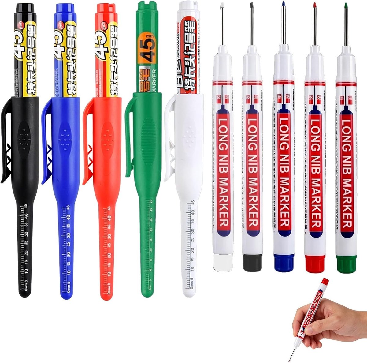 Diepe gaten markeerstiften, 10 stuks, extra lange punt, waterdicht, ideaal voor hout, metaal en kunststof, diverse kleuren (rood, zwart, blauw, groen, wit)