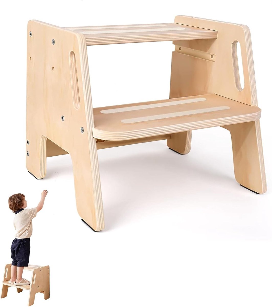 Houten Kinderkruk met 2 Niveaus, Handvatten en Antislip Voetpads, Stevige Kruk tot 150 kg, Ideaal voor Badkamer en Keuken