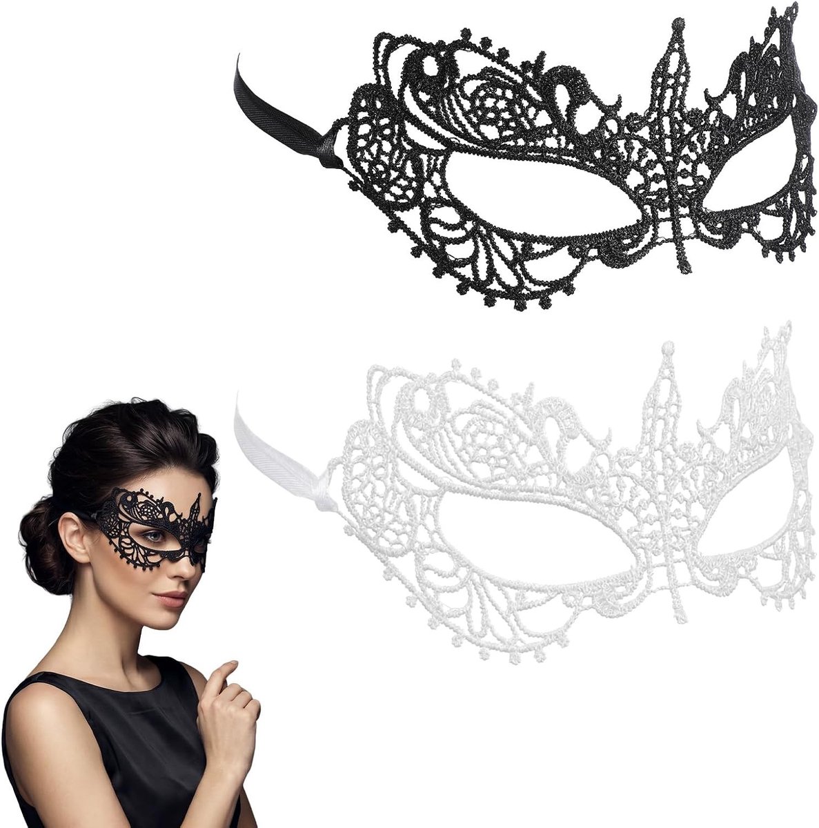 Elegante zwarte en witte kanten maskers voor dames, perfect voor Halloween, carnaval en kostuumfeesten, set van 2 stuks