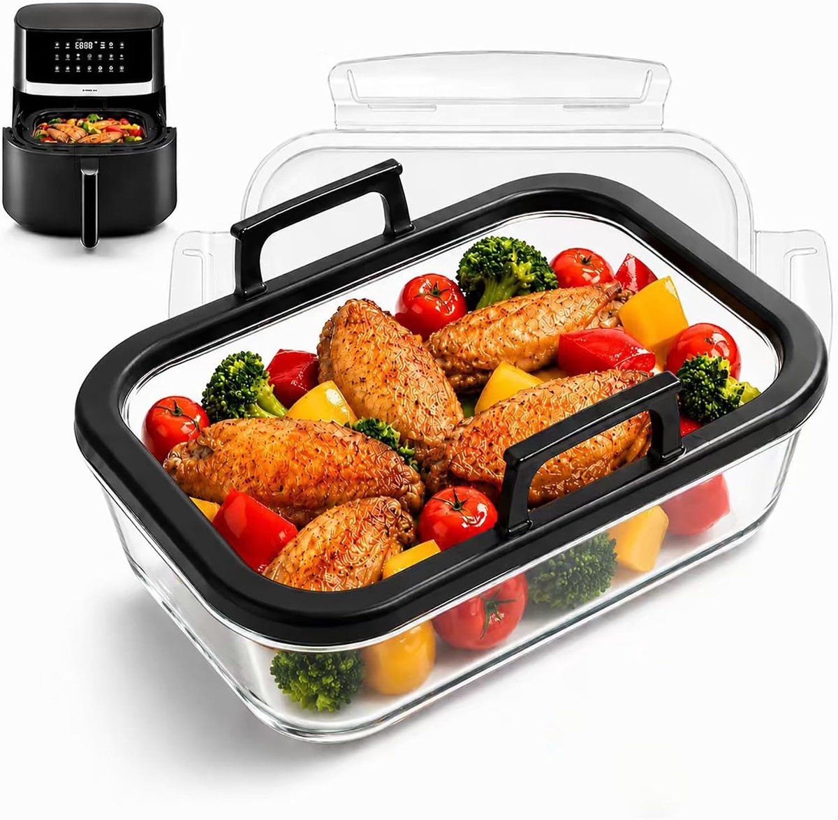 SnelShoppen Glasvorm voor Airfryer met Deksel Hittebestendige Mat Siliconen Handschoenen en Uithaakhaak 20 3 x 15 5 x 6 4 cm Geschikt voor Diver