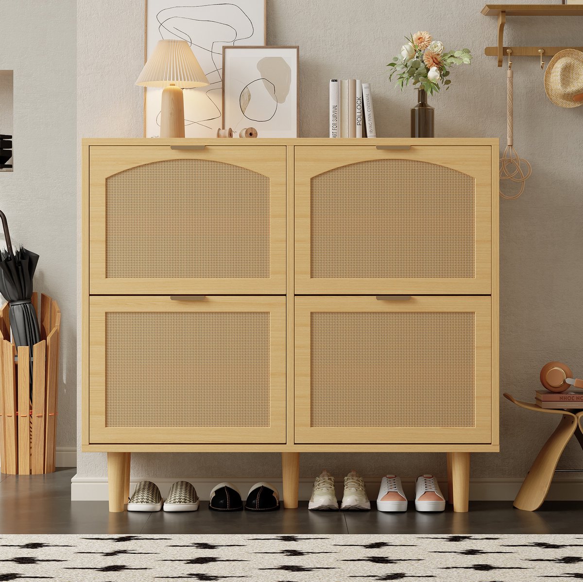 COVREO Schoenenkast 100 x 25 x 90 cm - licht eiken, 4 klepvakken, verstelbare schappen