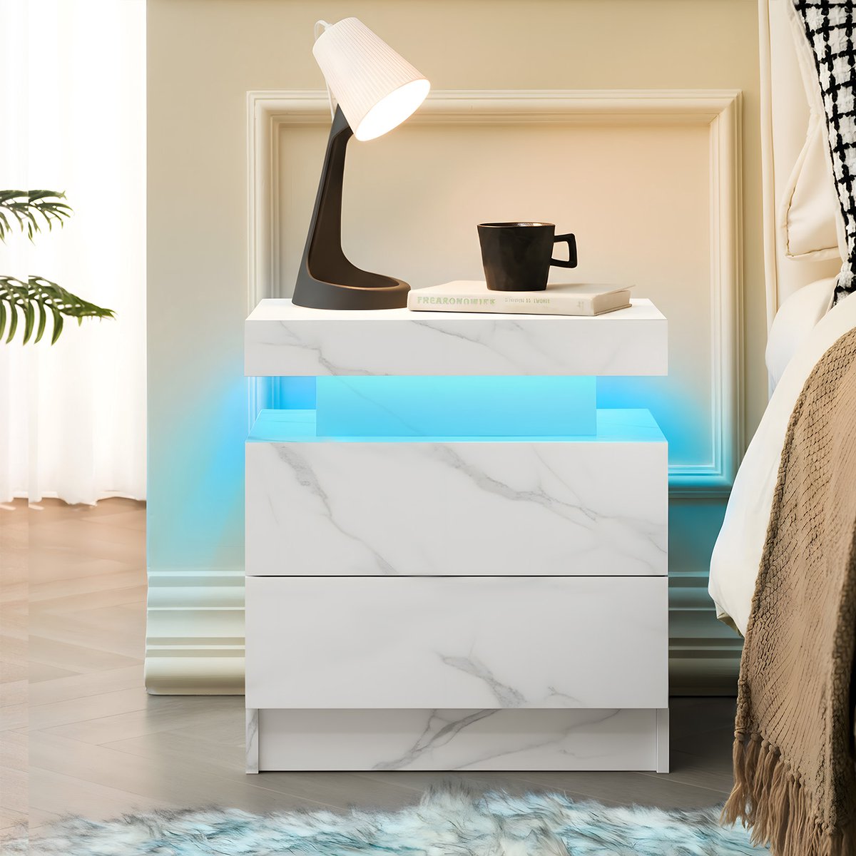 COVREO Nachtkastje 49 x 34,8 x 52,1 cm – mat wit, 2 lades en verstelbare LED-verlichting